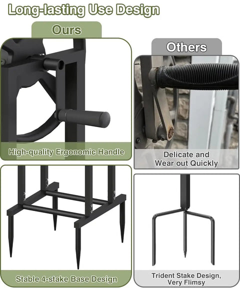 Comparison of Beefy Freestanding Garden Hose Reel ergonomic handle and sturdy four-spike base with competitor design