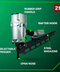 Pro Preferred Framing Nailer For Fast Reliable Pneumatic Power For Flooring Roof Decking And More 21 Degree Two To Three And A Quarter Inch Plastic Collated Nails Includes Safety Glasses with labeled parts: rubber grip handle, rafter hook, selectable trigger, open nose, steel magazine