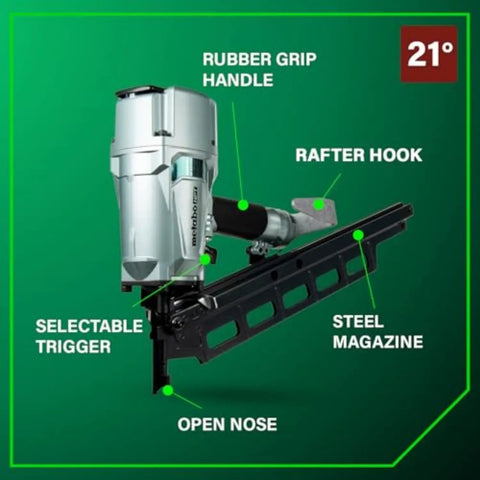Pro Preferred Framing Nailer For Fast Reliable Pneumatic Power For Flooring Roof Decking And More 21 Degree Two To Three And A Quarter Inch Plastic Collated Nails Includes Safety Glasses with labeled parts: rubber grip handle, rafter hook, selectable trigger, open nose, steel magazine