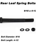 Leaf Spring Eye Bolt Kit Grade 8 Hardened Steel With 6 Bolts 6 Lock Nuts And 12 Washers For Chevy GMC Ford Dodge Nine Sixteenths Inch Diameter And Four And A Half Inch Length Fits Full Size Pickups And Restores Alignment, showing a bolt, nut, and washers on a white background