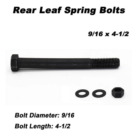 Leaf Spring Eye Bolt Kit Grade 8 Hardened Steel With 6 Bolts 6 Lock Nuts And 12 Washers For Chevy GMC Ford Dodge Nine Sixteenths Inch Diameter And Four And A Half Inch Length Fits Full Size Pickups And Restores Alignment, showing a bolt, nut, and washers on a white background