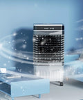Top Shelf Portable Evaporative Air Cooler With Remote 12H Timer Spacious Water Tank 4 Ice Pads 3 Speeds 90 Oscillation in living room.