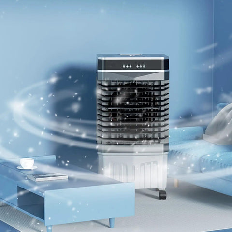 Top Shelf Portable Evaporative Air Cooler With Remote 12H Timer Spacious Water Tank 4 Ice Pads 3 Speeds 90 Oscillation in living room.