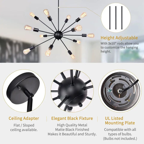 12 Light Black Sputnik Chandeliers Mid Century Modern Semi Flush Mount Ceiling Fixture showcasing features and parts