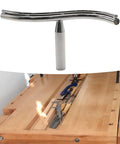 Front view: Vkinman curved lathe tool rest with 1-inch post; chrome metal, mounted on wood lathe