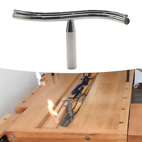 Front view: Vkinman curved lathe tool rest with 1-inch post; chrome metal, mounted on wood lathe