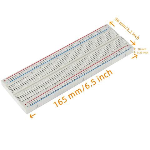 830-point solderless breadboard for Six Color 170-Point Mini Breadboard Set for Arduino prototyping, showing dimensions.