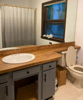 Wood Look Peel And Stick Contact Paper For Desk And Computer Table DIY Easy Install Self Removable Waterproof Vinyl Distressed Vintage Wood Wallpaper 24 Inch By 197 Inch Roll applied in bathroom with wooden sink countertop