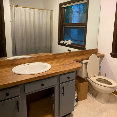 Wood Look Peel And Stick Contact Paper For Desk And Computer Table DIY Easy Install Self Removable Waterproof Vinyl Distressed Vintage Wood Wallpaper 24 Inch By 197 Inch Roll applied in bathroom with wooden sink countertop