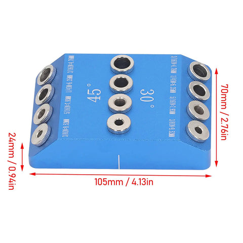 Top Shelf Aluminum Drill Guide Jig For Dead On 30 45 90 Degree Holes Rock Solid Multi Angle Woodworking Tool That Runs Like A Dream For Furniture Assembly side view with angle markings and HSS bits