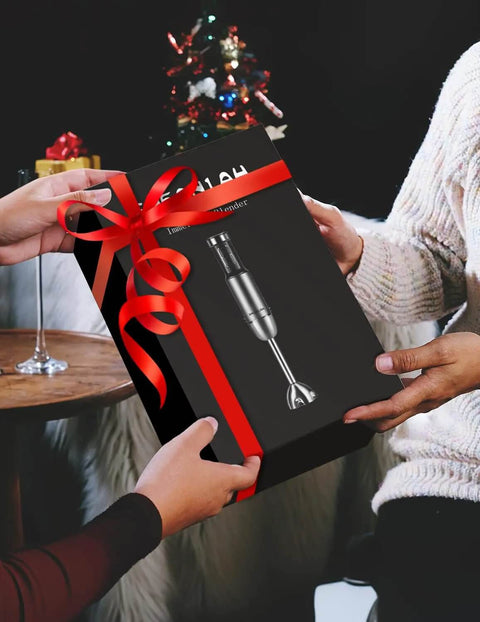 Two hands exchanging a gift box containing Heavy Duty 1000W Immersion Blender With 25 Adjustable Speed Settings And Tough Copper Brushless Motor.