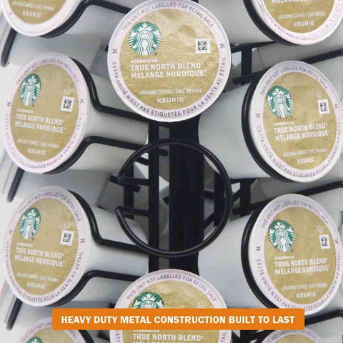 Sturdy 40 Pod K Cup Carousel Organizer For Coffee Pods, Metal K Cup Holder Stand in Black holding coffee pods