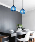 Two Pack Blue Glass Pendant Lights With Round Shade, Modern Hanging Fixture For Kitchen Island, Dining Room, Easy Install