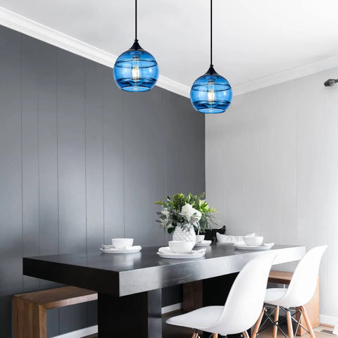 Two Pack Blue Glass Pendant Lights With Round Shade, Modern Hanging Fixture For Kitchen Island, Dining Room, Easy Install