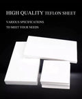 Heavy Duty PTFE Teflon Sheet 500x500mm Formable Gasket Board For DIY Projects 0.3mm Thick shown in various sizes.