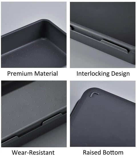 Close-up of features on Interlocking Drawer Organizer Set in Three Sizes for Kitchen, Office, Makeup, Jewelry, and Tools.