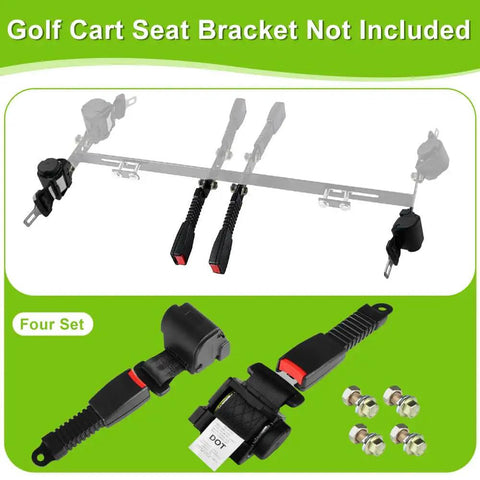 Close-up of 61 Inch Retractable DOT Seat Belts and bolts for golf carts, showing four black and red adjustable safety belts.