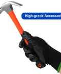 Top Shelf 304 Stainless Steel Strapping Kit With Heavy Duty Ties And Ratcheting Tensioner Tool For Secure Cargo Wrapping and hammer in hand with gloves.