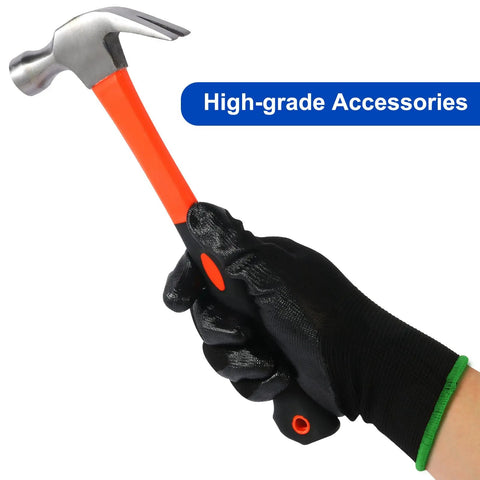 Top Shelf 304 Stainless Steel Strapping Kit With Heavy Duty Ties And Ratcheting Tensioner Tool For Secure Cargo Wrapping and hammer in hand with gloves.