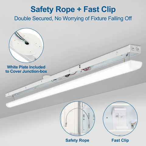 8ft LED Shop Light Fixtures With 60 70 80W Total, Selectable Color Temp, safety features shown