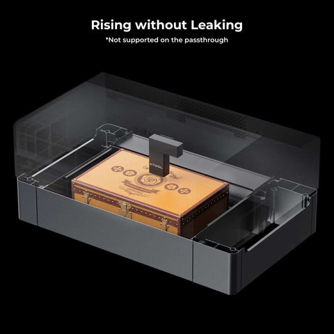 xTool P2 riser base for CO2 laser cutter; orange workbed inside a transparent enclosure.