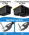 Overhead Garage Storage Rack System For Ceiling Tote Bins with upgraded lag bolts, showing 1 set for 16" studs and 2 sets for 24"