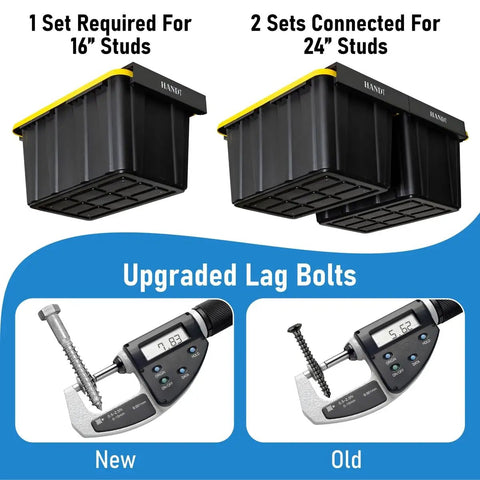 Overhead Garage Storage Rack System For Ceiling Tote Bins with upgraded lag bolts, showing 1 set for 16" studs and 2 sets for 24"