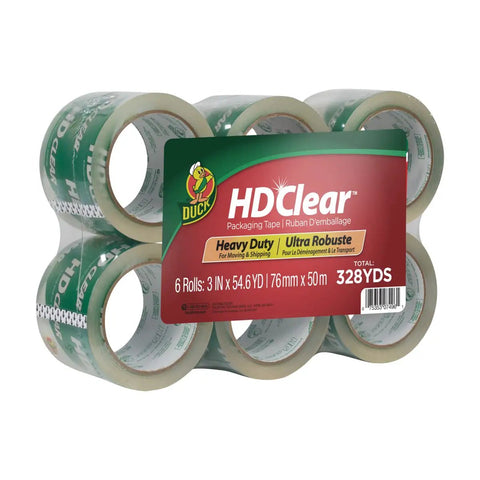 Clear Extra Wide Heavy Duty Packing Tape 6 Roll Bundle For Shipping And Moving, shown in packaging with label details