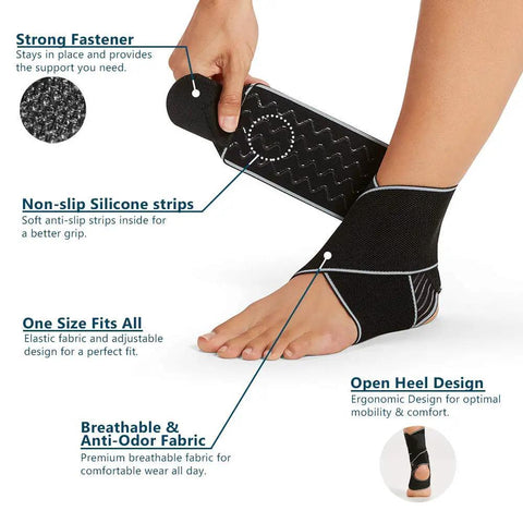 Adjustable Ankle Brace For Men And Women showing open heel design and silicone strips for support and comfort.