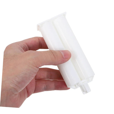 Hand holding 10 Pack Epoxy Gun Cartridges With Plastic Mixing Nozzles AB Glue Dispenser Tubes For Projects Smooth Dispensing And Continuous Flow Pro Grade, Compatible With Dual Component Adhesives.