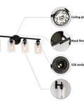 Diagram showing features of 4-Light Modern Black Bathroom Vanity Light With Clear Glass Shades, Industrial Farmhouse Vintage Wall Sconce For Bathroom Dressing Table, 24 Inch Long Vanity Lighting Fixture