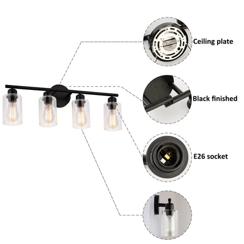 Diagram showing features of 4-Light Modern Black Bathroom Vanity Light With Clear Glass Shades, Industrial Farmhouse Vintage Wall Sconce For Bathroom Dressing Table, 24 Inch Long Vanity Lighting Fixture