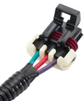 Close-up of 3 Wire Low Coolant Level Sensor Wire Repair End Pigtail Connector Harness for Peterbilt Kenworth Volvo Cummins, black plastic connector.