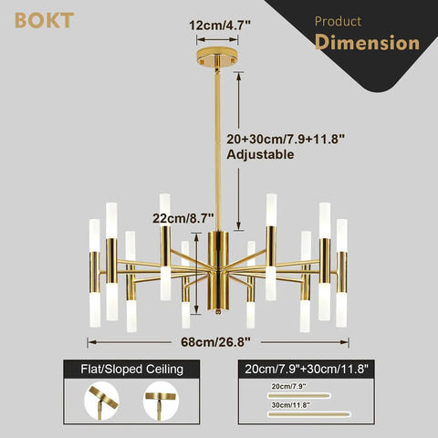 Lit Modern 20 Light LED Sputnik Chandelier With Acrylic White Shades Gold Finish Mid Century Pendant Light Semi Flush Mount Ceiling Light For Dining Room Area with adjustable dimensions diagram.