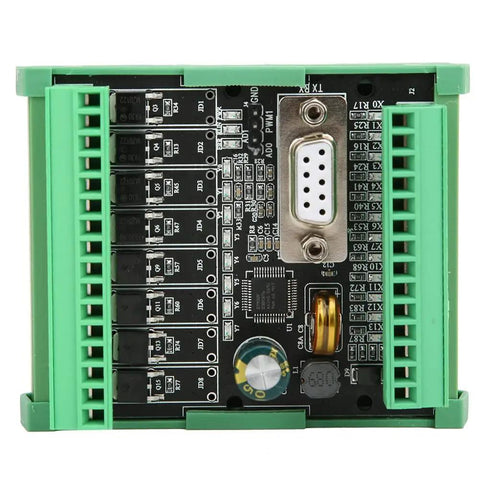 Front view of a programmable PLC controller for industrial automation with 12 input points, 8 transistor outputs, green casing.
