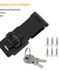 Black Keyed Hasp Lock 4 Inch Heavy Duty with package contents, screws, keys, zinc alloy, brushed finish, rust resistant
