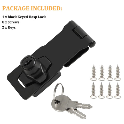 Black Keyed Hasp Lock 4 Inch Heavy Duty with package contents, screws, keys, zinc alloy, brushed finish, rust resistant