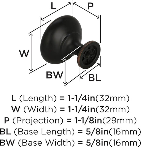 Dimensions diagram of Oil Rubbed Bronze Edona One And A Quarter Inch Cabinet Knob Set, 10 Pack, showing size and projection.