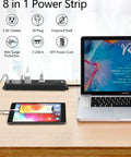 Two Pack Surge Protector Power Strips With 10 Foot Heavy Duty Extension Cord, Five Widely Spaced Outlets And Three USB Ports (One USB C) on a desk