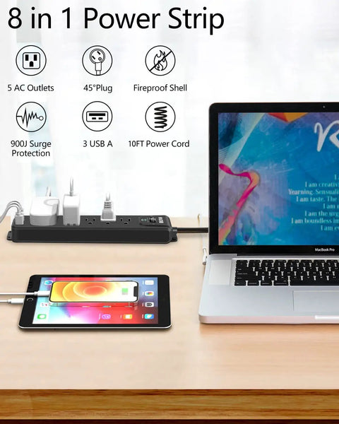 Two Pack Surge Protector Power Strips With 10 Foot Heavy Duty Extension Cord, Five Widely Spaced Outlets And Three USB Ports (One USB C) on a desk