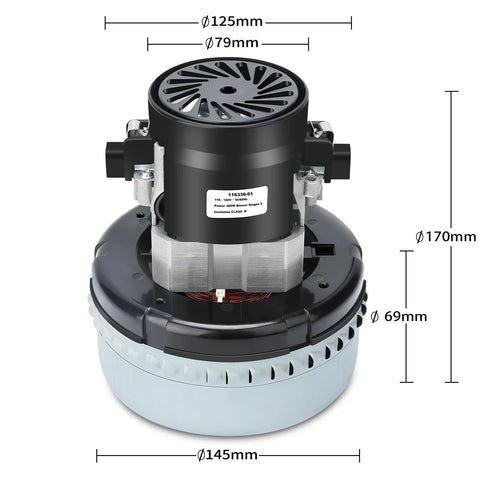 Front view of Atsmk 120V vacuum motor, 2-stage high-efficiency unit with black top housing and gray base.