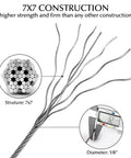 Stainless Steel Wire Rope One Eighth Inch Cable 328 Feet With Cutter 7x7 Construction Includes 50 Crimping Sleeves And 50 Thimbles For Deck Railings Stair Handrails Balusters displayed with 7x7 strand illustration and diameter measurement