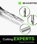 SHARPRO extra-long compression CNC router bit, angled view; 1/4 in shank, 1/8 in cutting dia, solid carbide