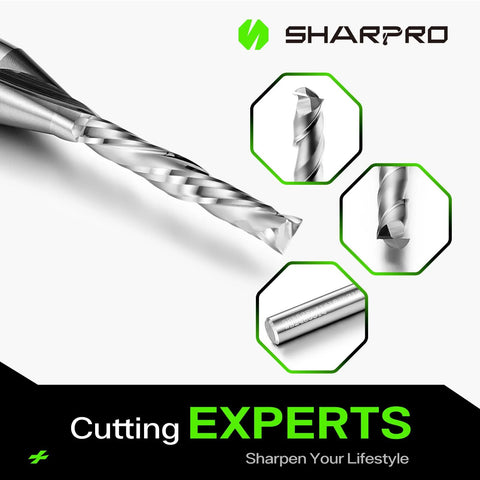 SHARPRO extra-long compression CNC router bit, angled view; 1/4 in shank, 1/8 in cutting dia, solid carbide