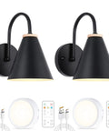 Battery Powered Black Industrial Wall Sconces Set Of 2 With Remote Control USB Rechargeable And Dimmable Easy No Wire Install