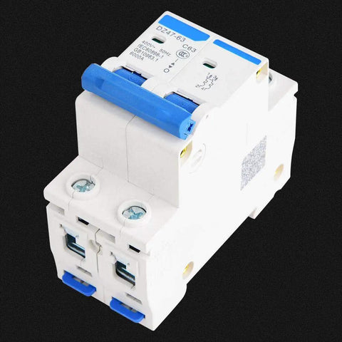 Front view of DZ47-63 2 Pole 400V AC Miniature Circuit Breaker With Leakage Air Switch 63A, compact and durable design.