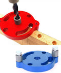 Heavy Duty Aluminum Wood Panel Hole Puncher With Ridiculously Precise Center Punching Gauge in red and blue on wood, drilling layout.