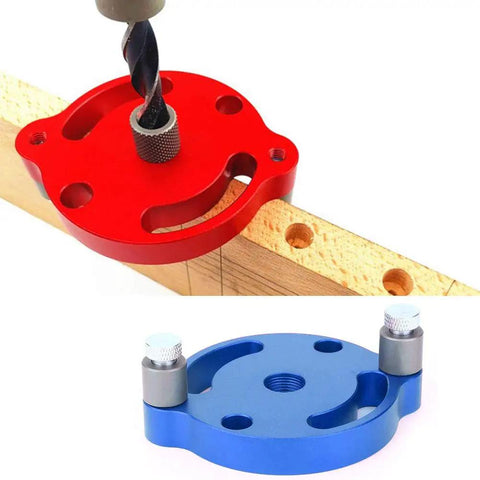 Heavy Duty Aluminum Wood Panel Hole Puncher With Ridiculously Precise Center Punching Gauge in red and blue on wood, drilling layout.