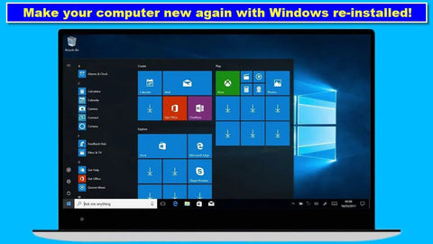 Laptop displaying Windows reinstallation with message 'Make your computer new again'. Focus: Five In One Windows Repair And Reinstall Bootable USB Drive For Fix, Recover, And Reinstall Windows 11, 10, And 7 On AMD64 And ARM64 PCs Includes PE Tools, Driver Pack, Antivirus, Data Recovery, And Password Reset.