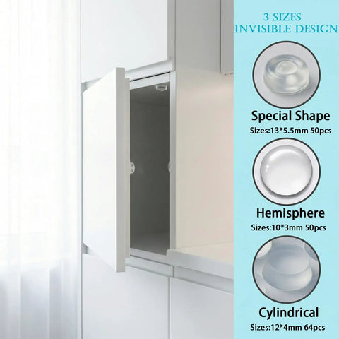 Straight Up Solid 164 Piece Pack Of Clear Self Adhesive Silicone Cabinet Door Bumpers and Furniture Protectors That Stop Door Slams Cold and Save Walls, showcasing clear bumpers in use on cabinet.